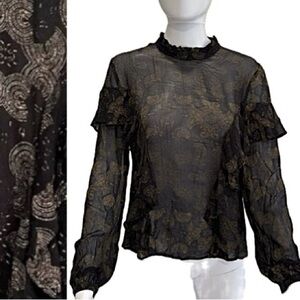 Lucky Brand Sheer Black Patterned Ruffle Blouse Womens Size M Fairy Goth Grunge